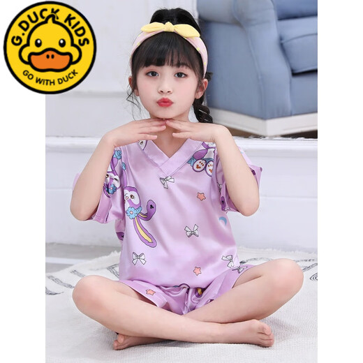G.DUCKKIDS儿童睡衣女童夏季冰丝薄款短袖星黛露女孩丝绸夏天宝宝空调服套装 688樱桃香槟色 8码建议身高100-110cm4-5岁