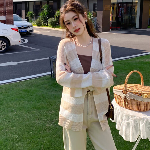 马海毛拼色条纹女装开衫春秋新款韩版长袖防晒衣薄毛衣外搭 杏色 均码