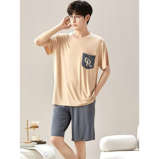 鎏蔓栗莫代尔短袖短裤男士夏季宽松加肥大码薄款睡衣夏天家居服套装外穿 6624男款居家服 L 【建议95-120斤】