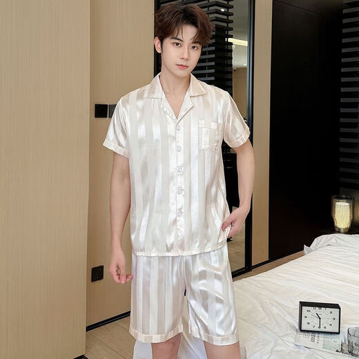 Pajama masculin à manches courtes en soie de glace d'été pour les adolescents et les étudiants masculins peut porter des vêtements à domicile SX-679 Modèle de champagne masculin 2xl [130-150jin [Jin est égal à 0,5 kg]]]