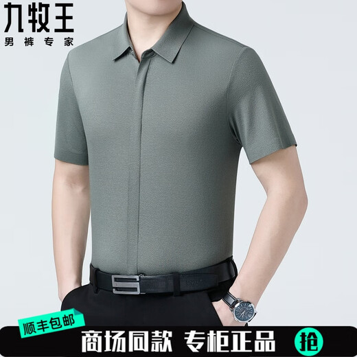 九牧王感桑蚕丝衬衫短袖中年商务休闲免烫暗门冰·丝 6913#灰绿 S 165/84A体重95-115斤