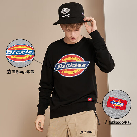 Dickies圆领卫衣LOGO印花情侣四季款全棉毛圈布圆领套头上衣7059 黑色12596 炫彩镭射大logo-男女 XS