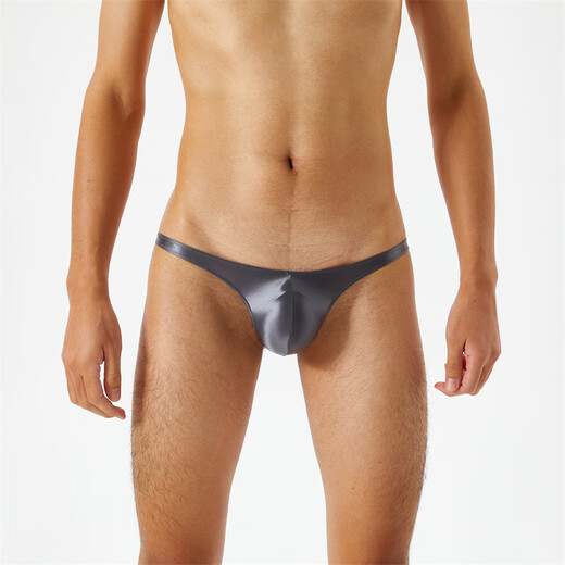 Silky, translucent, oily, silky, super low-waisted men's thong, t-pants, sexy and fun underwear, gray X M white