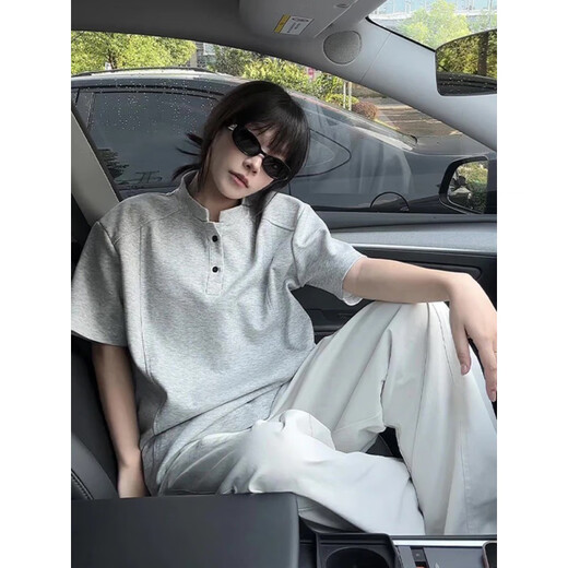 杜小闲 黑色亨利领短袖polo衫男款痞帅高级感美式正肩t恤boxy拼接半截袖 黑色 90%买家选择 XL [推荐120-140斤]