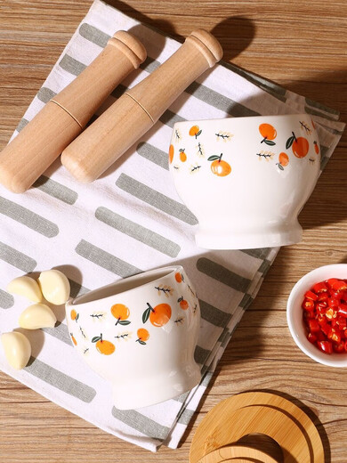 GIOIO special retro thickened garlic mortar for pounding garlic, hand-pressed lidded masher, commercial threaded grinding porcelain jar with lid, good luck, garlic pounder-400ml + beech stick