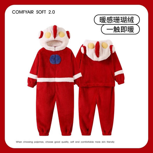 连体睡衣女童秋冬款儿童睡袋珊瑚绒加厚女孩男宝宝红色奥特曼爬服 红色 90 身高80cm左右