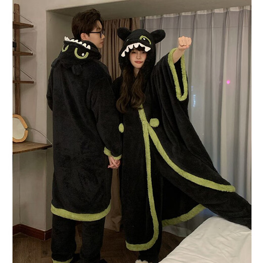 Toothless pajamas couple's pajamas women's autumn and winter coral velvet thickened flannel men's black home clothes winter nightgown + pants #66745 (girls are the wide-sleeved version) 66319 2XL male (weight 145-170
