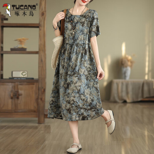 Vestido de algodón estampado de carpintero y lino de lino para mujeres Summer suelto de tamaño de cintura de tamaño de D para hacer lino casual y elegante estilo gris de longitud media XL recomendado 126-141Jin [Jin equivale a 0.5 kg]