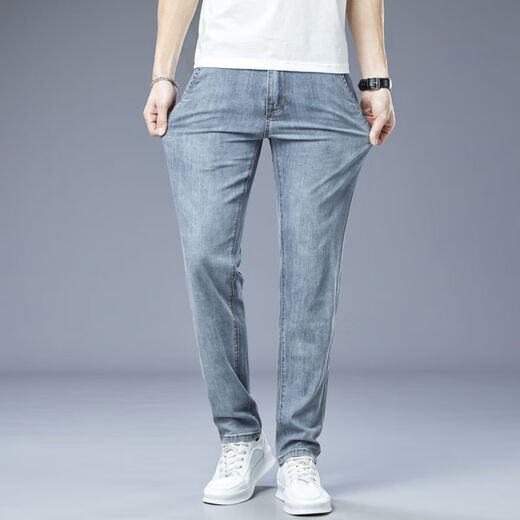 Siete lobos Summer delgados jeans delgados de gama alta para hombres Pantalones casuales rectos sueltos para hombres estiramientos transpirables hombres 9866 azul claro [contador] 32 [dos pies cinco]