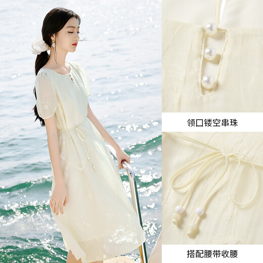 香影气质印花连衣裙女2025夏装新款米白色泡泡袖圆领中长绝美裙子 米白 M 160/84A/95-110斤