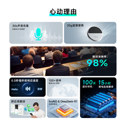InnAIO Type-C Magnetic Translator T10 Voice Clone Cross-application Simultaneous Interpretation Multilingual Real-time Translator Time and Space Silver Small and Portable Artifact for Going Abroad