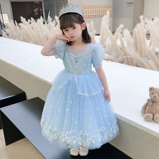 米诗德（MISHIDE）爱莎公主裙3-6岁夏新款爱莎公主裙夏季女童艾莎裙子爱沙新款儿童 [全套单裙+拖纱+发光裙撑+披肩+2 100 cm