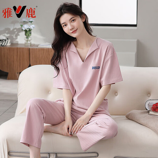 雅鹿新款睡衣女夏季纯棉短袖长裤休闲薄款中年家居服套装夏天可外穿 679 M