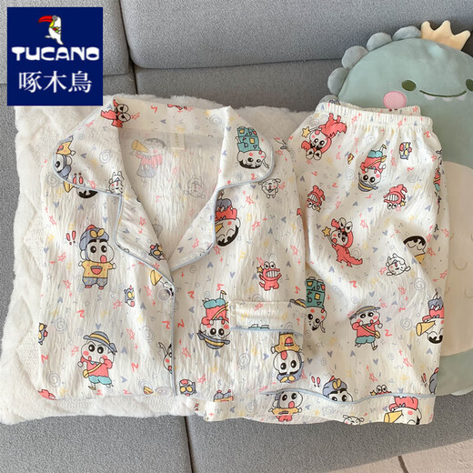 Padamas de hilo de algodón puro de crayón japonés de carcasa de carcasa de carcasa para mujeres en verano set de tres piezas de manga corta ropa de hogar linda ydontuo algodón-9906# star cachorro de tres piezas M [sugerencia 75-100Jin [Jin equivale a 0.5 kg]]]