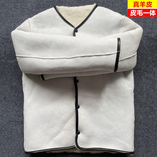 Fur all-in-one pure sheepskin jacket for middle-aged and elderly men, lamb wool cotton-padded jacket, pure sheepskin lining jacket, thickened leather top, round neck snap style XL Weight 110Jin Jin equals 0.5kg -130Jin Jin equals 0.5kg