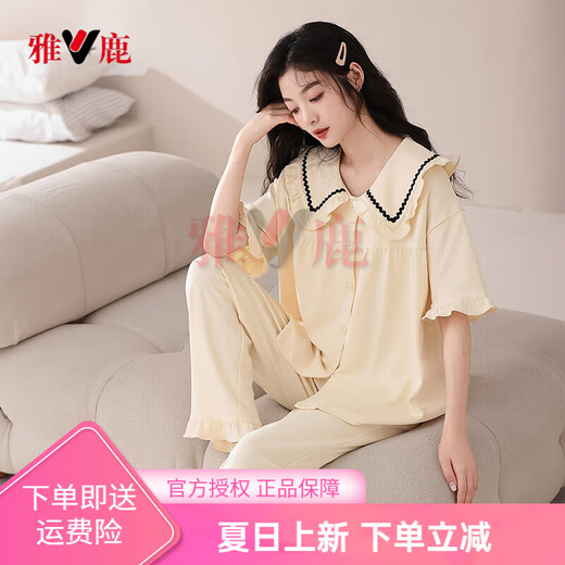 雅鹿短袖长裤睡衣女士春夏季薄款纯棉休闲开衫甜美家居服莱卡套装 CTWM6227莱卡棉女款睡衣 M