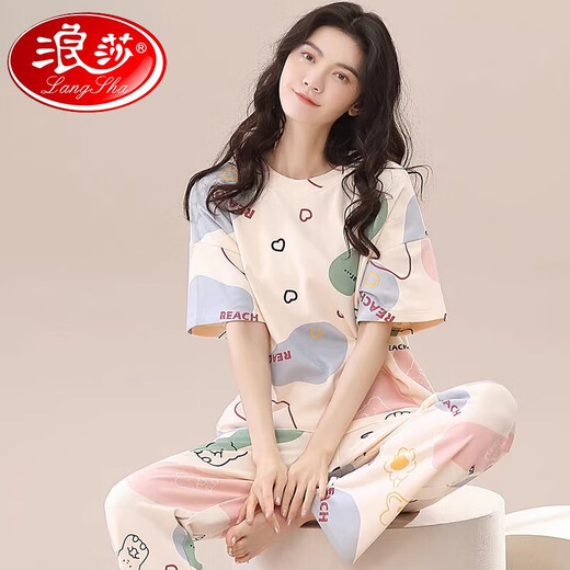 浪莎（LangSha）2025年睡衣女夏款纯棉短袖长裤卡通夏季可外穿全棉舒适家居服套装 YSH-679 M 【建议80-100斤穿】