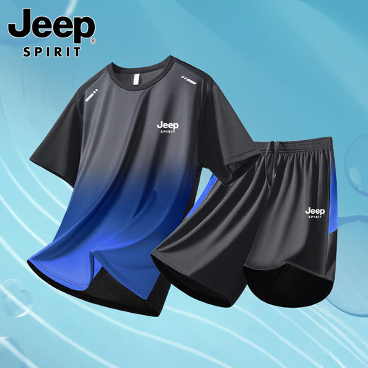 吉普（JEEP）吉普速干T恤男士渐变冰丝短袖2025新款夏季运动套装跑步服男 父亲节礼物衣服9901黑绿套装【新款冰丝速干】 M
