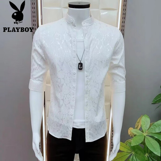 Playboy (PLAYBOY) trendy and versatile new jacquard fashion mid-sleeved shirt men's Korean casual simple shirt summer handsome slim 687 fashion black shirt XL suitable for 116-125 Jin [Jin equals 0.5 kg]