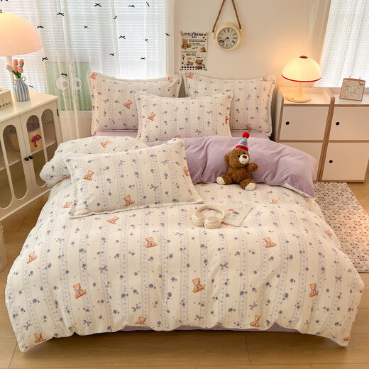 Hongdou ins autumn and winter bed four-piece milk velvet thickened double-sided flannel coral velvet bed sheet and quilt cover plus velvet three-piece set 4 Warm baby thickened warm milk velvet 1.5 fitted sheet four-piece set - suitable for 200*230cm quilt core