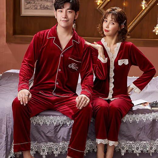 Yalu Red Couple Pajamas Wedding Suit Autumn and Winter Golden Velvet Long Sleeve One Men and One Women Flannel Home Clothes JA Style Burgundy M Women