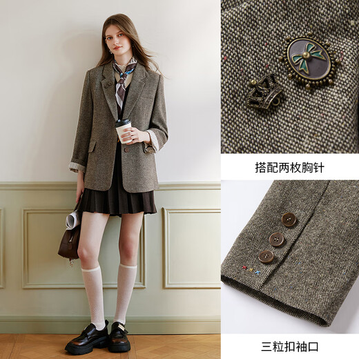 Xiangying old money style coffee suit jacket for women 2026 spring new style wool single-breasted commuter shoulder suit coffee color M 160/84A/95-110Jin Jin is equal to 0.5 kg