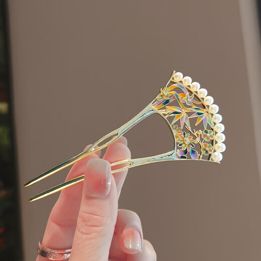 Painted hairpin hairpin new retro design pearl hair ornament hairpin new Chinese style hairpin on the back of the head 7# gold rhinestone U-shaped