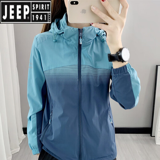 
JEEP SPIRIT color blocking charge women's spring, summer and autumn single-layer mountaineering suit breathable mesh thin sports jacket men's outdoor waterproof windbreaker women's mesh lining/lake blue L