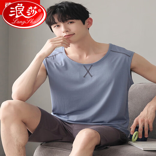 浪莎（LangSha）2025睡衣男士夏季薄款莫代尔背心无袖短裤冰丝凉感大码家居服套装 F-9214 2XL