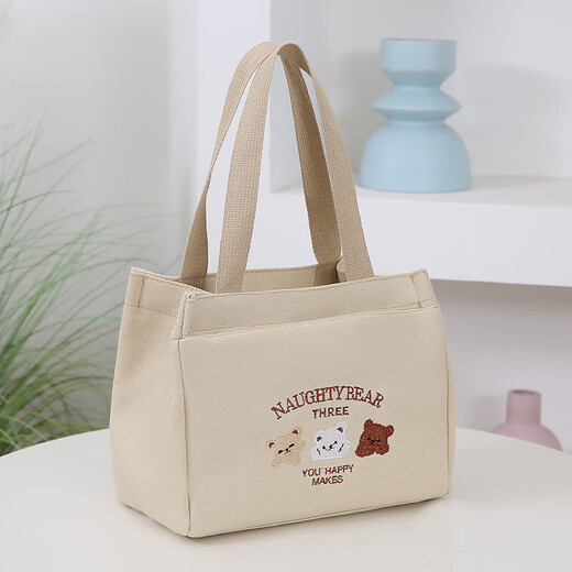 New cute bear portable canvas bag, simple and large capacity, versatile lunch box for office workers and students, mommy lunch bag, three bears handbag-khaki/small