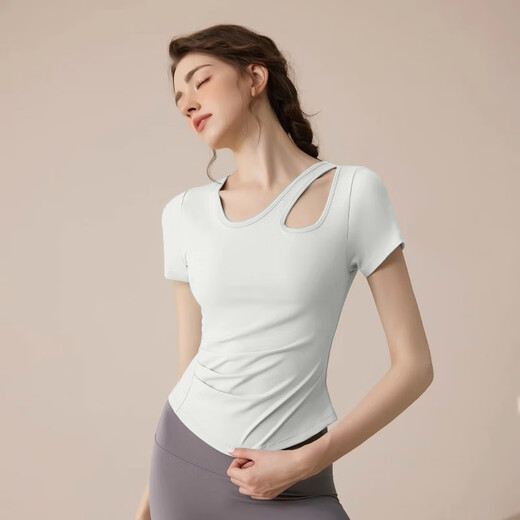 Nanmu Xiong Yoga Wear Women's Top with Chest Pad Sports Slim Short Sleeve T-Shirt Running Quick-Drying Pilates Training Fitness Breathable White Short Sleeve M Size 85-115Jin Jin is equal to 0.5 kg
