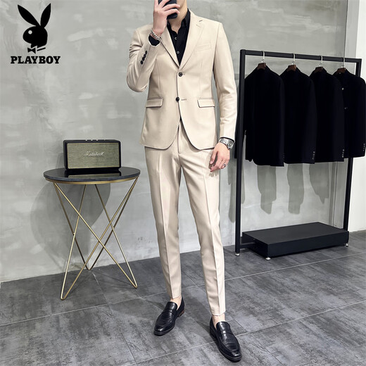 Playboy (PLAYBOY) Men's Double-breasted Suit Suit 2025 Autumn New Fashion Slim High-Grade Slim Suit Business Casual Black Two-piece Suit XL (125-140Jin Jin equals 0.5kg)