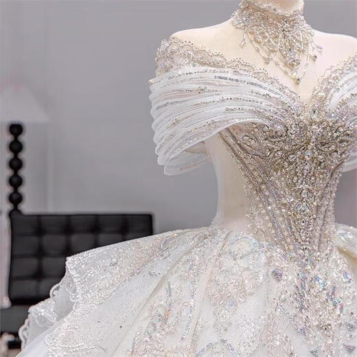 SHANDONGSHAONV main wedding dress bride 2025 new texture one-shoulder small French heavy industry pregnant woman tail white tail wedding dress + three-piece set 2XL