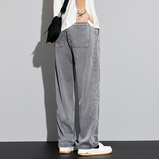 Lee Kids Sommer dünne Tennisjeans Männer losen locker lässiger bloßes Weitbein Hosen Männer Eis Seiden trendige Hosen Männer YM-1048 Schwarz M.