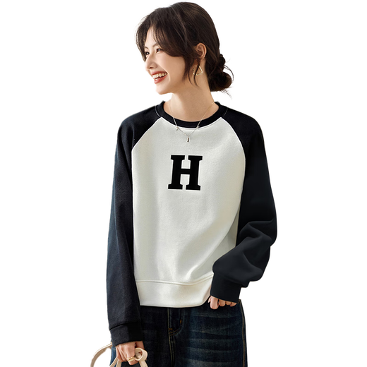 她享加绒卫衣女2025秋冬圆领撞色插肩袖套头上衣保暖外套女T54W094