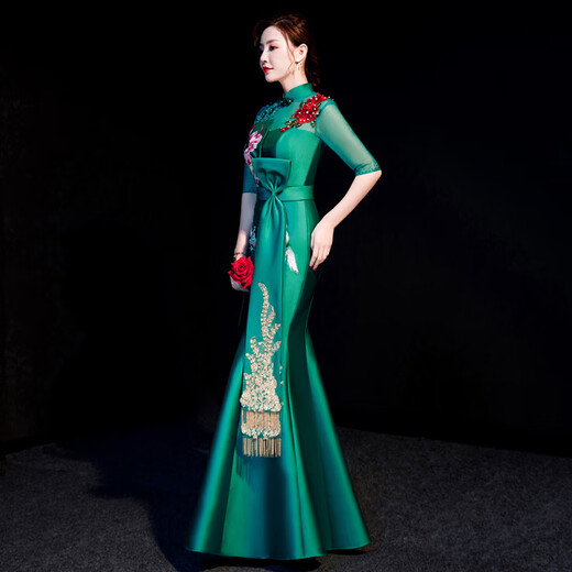 Шоу Timmerchi's Cheongsam расширенное выступление костюма Банкет вечернее платье зеленое рыбное хвост команда наблюдает за элегантным элегантным зеленым 679 3XL Около 130 джин [Джин равняется 0,5 кг]