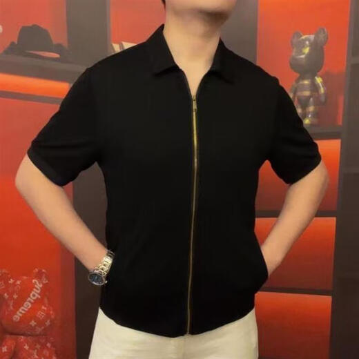 VBPBSQL天骏百货男翻领开衫拉链款短袖商务休闲休闲百搭高品质半袖OP3889 黑色 M 48_(_100-125斤)
