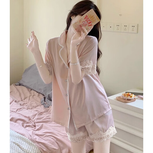 冉艺岚同款冰丝睡衣女夏季短袖薄款ins风高级感粉色花边外穿家居服夏天 浅黄色 #yx-9214 M 75-98斤