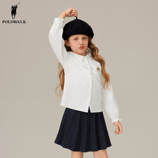 POLOWALK children's clothing girls long-sleeved shirt 2025 autumn new versatile casual middle and large children's lapel top white 120 120cm