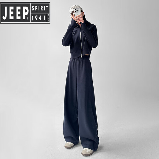JEEP SPIRIT casual sports suit for women Spring and Autumn 2025 new hooded sweatshirt straight slim sweatpants high-end two-piece set Navy blue [single pants regular style] [XL (120-140Jin [Jin equals 0.5 kg])