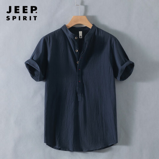 JEEP SPIRIT Henry collar linen short-sleeved shirt men's collarless men's cotton and linen shirt t-shirt top polo shirt summer Chinese style RC210 dark blue M
