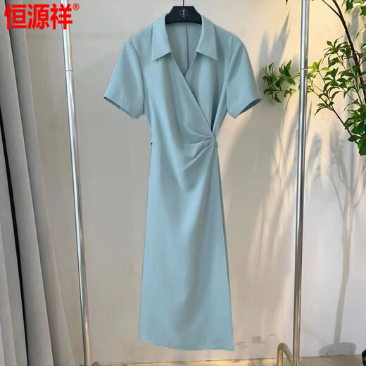 Hengyuanxiang Women's Dress 2025 Summer Fashionable Waist Slimming Korean Style Slimming White Retro Commuting Belly Cover Blue L 110-120Jin Jin is equal to 0.5 kg