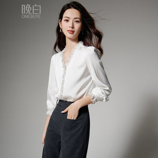 Late White New Product 2025 Autumn Style Elegant Shirt Fashion Lace Collar V-Neck Commuting Shirt Women White L