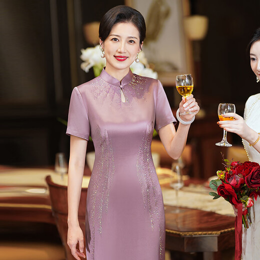 离境天女儿出嫁妈妈的高端礼服喜婆婆婚宴装五一喜婆婆婚宴装2025新款高 9712酒红色七份柚醋酸旗袍 M建议85斤-95斤 均码