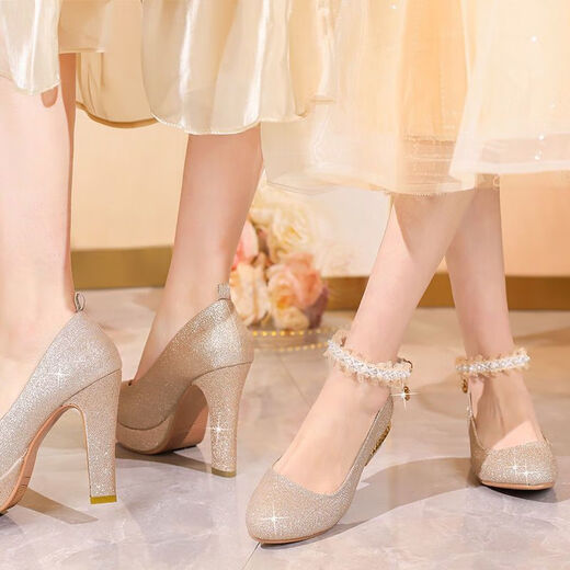 Yalso children's high-heeled shoes 10-15 years old performance girls' leather shoes high-heeled crystal single shoes girls golden model catwalk gold pearl/12cm thick heel 34