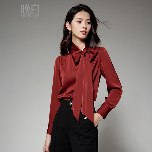 Late White New Product 2025 Autumn Style Chinese Red Lace Elegant Shirt Commuting Solid Color Light Mature Fashion Shirt Women Dark Red M