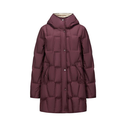 Jiuzi Annako casual age-reducing hooded mid-length laminated goose down down jacket for women 2025 winter new style burgundy M
