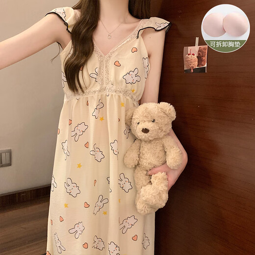 莫代尔睡衣带胸垫女夏季2025年新款睡裙纯棉公主吊带花边蕾丝性感中长裙 YZQ_9904#吊带裙爱心(带胸垫) 2XL XXL
