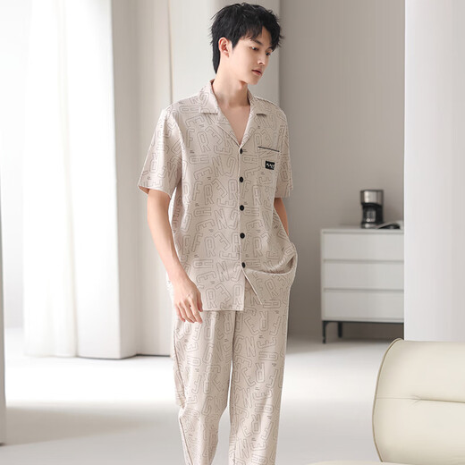 Langsha [7A Antibacterial] Pure Cotton Pajamas Men's Summer Thin Short Sleeve Trousers Set Men's Large Size Can We Wear Outdoor Home Suit 09M9859 L