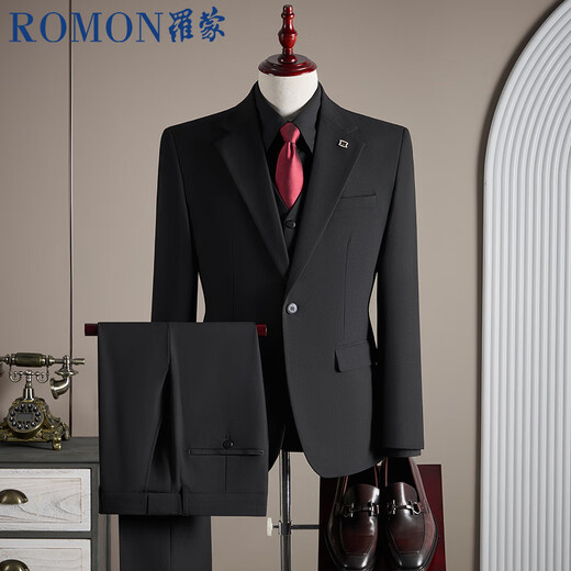 ROMON suit + vest + trousers suit suit men's business suit men's professional formal jacket black XL
